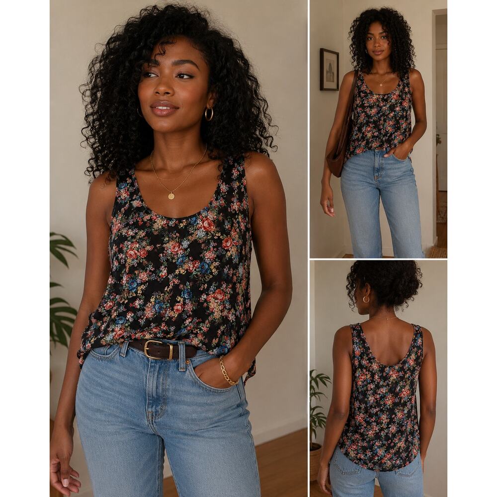 Ambiance Apparel Floral Sleeveless Tank Top Women’s 1X Black Sheer Boho